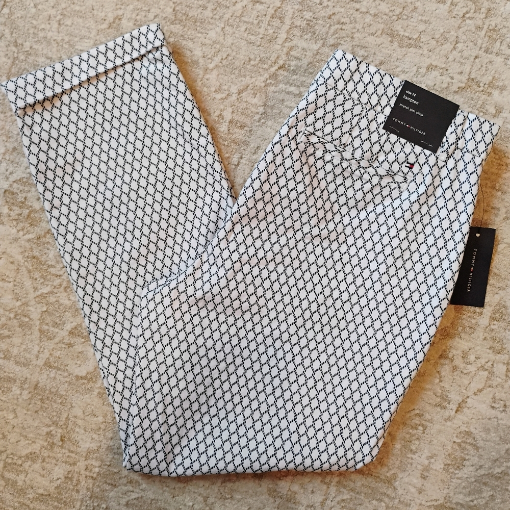 NWT 12 Tommy Hilfiger Hampton Slim Stretch Chino White And Navy Rope Print Pants